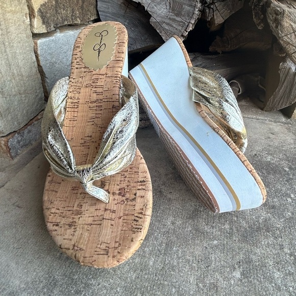 JS Jessica Simpson Tania Gold Metallic cork wedge platform sandals NWOBSz-8.5. M - Picture 2 of 8